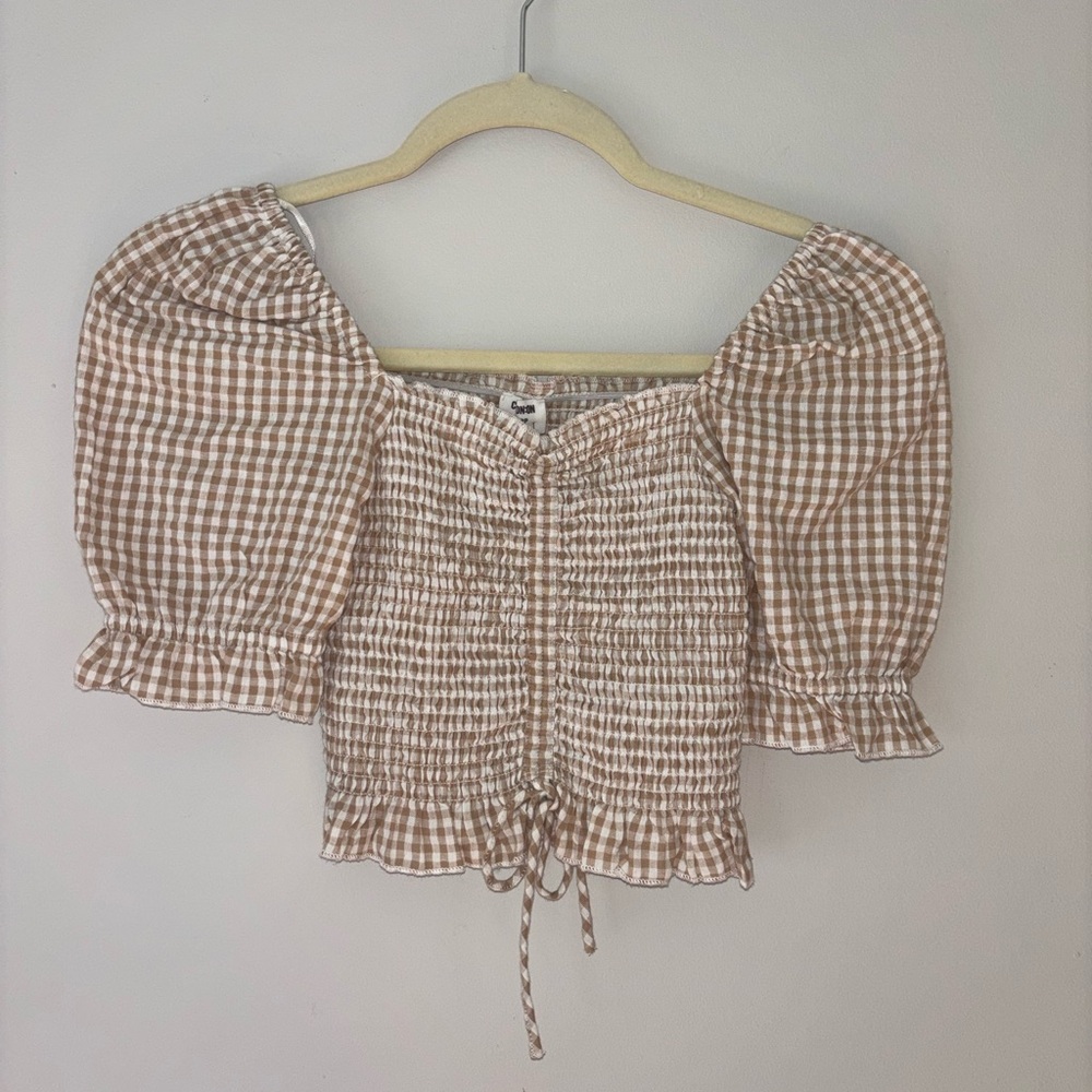 Brown Gingham Smocked Women's Top